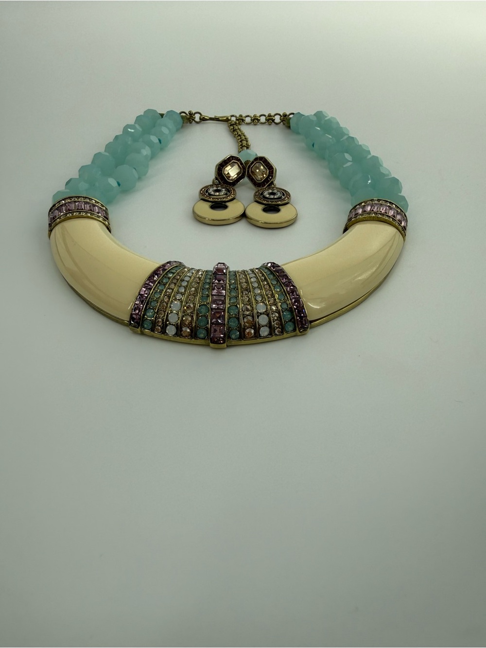 Heidi Daus Aqua Crystal Statement Necklace & Earrings Set Bold Glam Jewelry - Picture 8 of 17